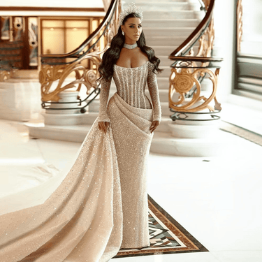 Royal Saudi Glitter Evening Dress Mermaid Sparkly Pleats Off Shoulder Long Shiny Sleeves Long Pleat Court Train, Drestiny, Maxi Dresses, Long Sleeves, Beige, Custom Color, Custom Made Dresses, Dubai, Royal Dress, Prom Dresses, Off Shoulder, United States, Canada, Australia, New Zealand, United Kingdom, 2, 4, 6, 8, 10, 12, 14, 14w, 16w, 18w, 20w, 22w, custom sizes, plus size gowns, plus size evening dresses, shopdrestiny.com